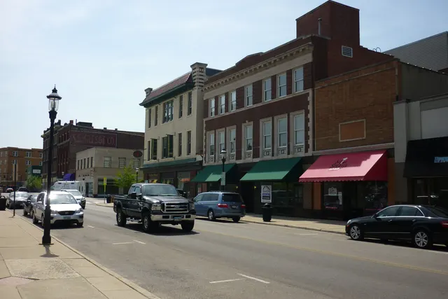 Brick storefronts on a downtown street in Middletown, Ohio