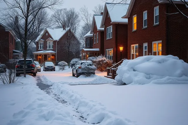Snowy Ohio street of older houses at dusk
